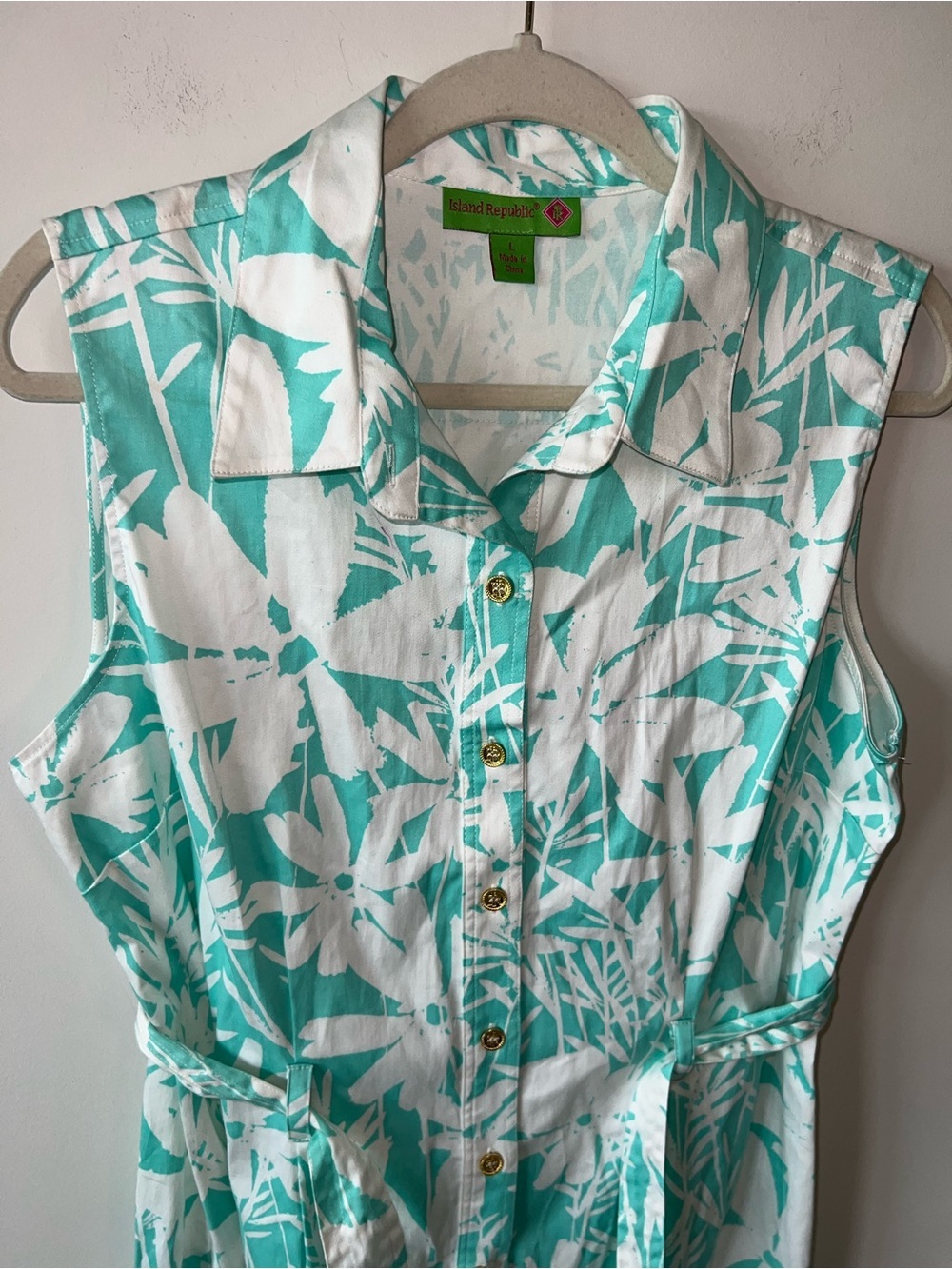Island Republic Sleeveless Teal & White Floral Shirt Dress Tie Waist 100% Cotton - Picture 2 of 9